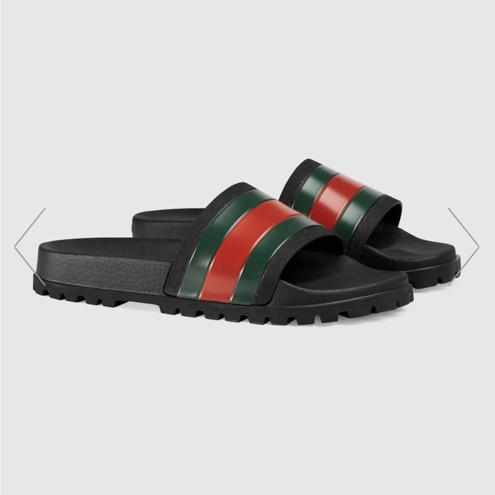 Gucci Black Slides with Green and Red Web Stripe